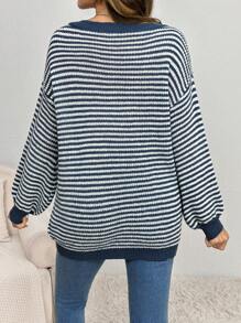 SHEIN 孕妇条纹露肩落肩长袖休闲毛衣，秋冬季，适合孕妇 - 藍色 - 查看 2