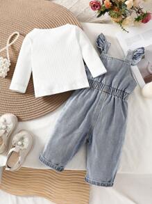 SHEIN Vintaside Kids Baby Girl Round Neck Solid Color Casual Long Sleeve Top And Heart Pattern Bowknot & Ruffle Trim Overalls Set - Blue - View 2
