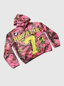 ROMWE MEN Street Life Men's Fashionable Tree Branch Print Hooded Sweatshirt, Fall - Pink - View 8