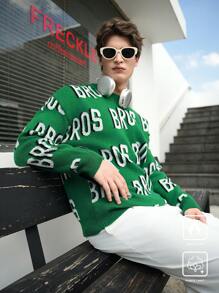 Manfinity Hypemode Men's Letter Crew Neck Colorful Long Sleeve Casual Pullover Green Sweater, Autumn/Winter, For Going Out, Friends - Green - View 3