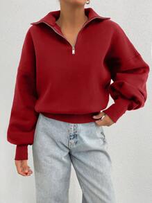 EURMUSE 100% Cotton Collar With Zipper Pattern Oversize Sweatshirt - Red - View 3