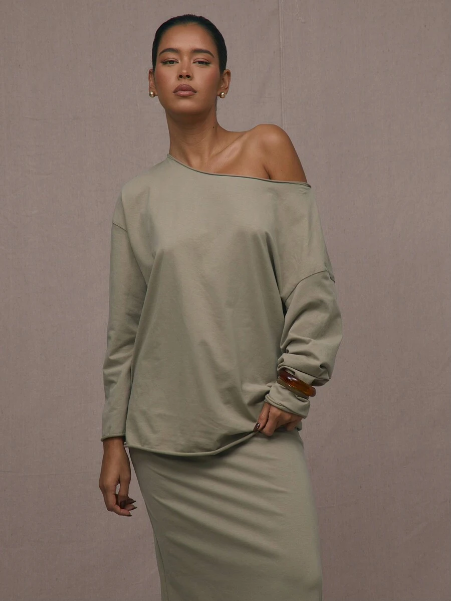 MUSERA Slouched Oversized Long Sleeve Top Casual Summer - Olive Green - View 1