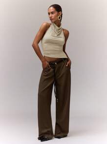 MUSERA Draped Asymmetric Halterneck Top Ibiza Festival Rave Going Out Top Fall - Apricot - View 4