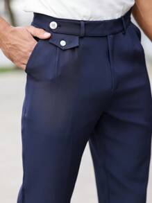 Manfinity Mode Men's Solid Color Pleated Pocket Straight-Leg Business Trousers, Men Navy Blue Dress Pants, Men Slim Fit Dress Pants, Men Business Casual Pants, Dark Blue Suit Pants, Navy Blue Trousers - Navy Blue - View 7