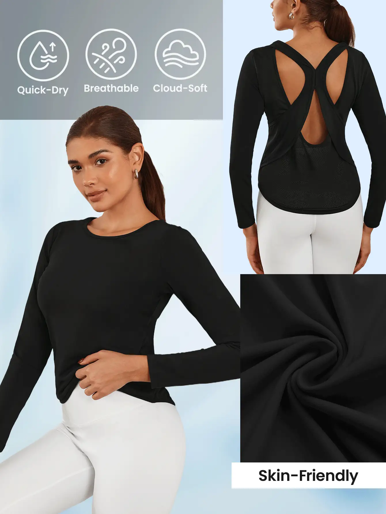 Lifespree 女士纯色镂空后背长袖运动 T 恤