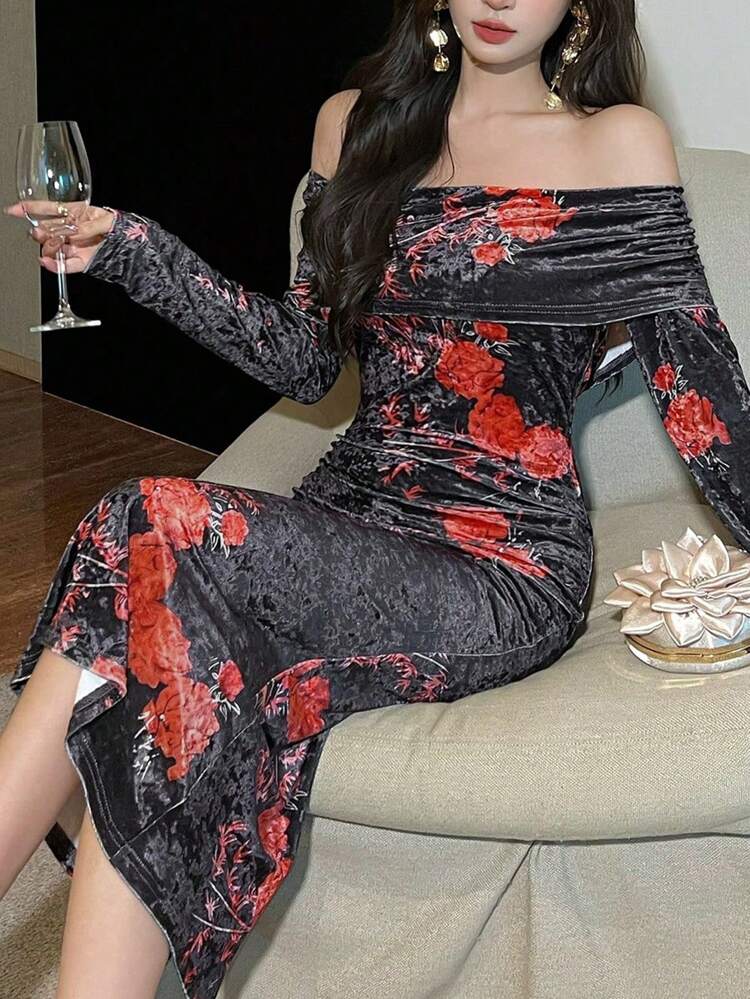 1pc Women's Off Shoulder Floral Print Bodycon Midi Dress, Birthday Valentine Valentine's Day Prom Dress,Fall Clothes Long Sleeve Dress Elegant Women Dresses