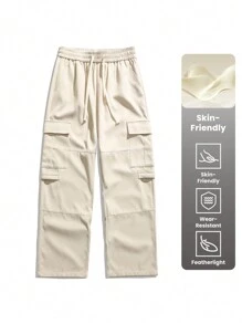 SHEIN Women's Solid Color Utility Pocket Drawstring Waist Casual Outdoor Long Pants - Khaki - View 1