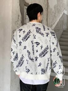 Manfinity Hypemode Chaqueta de punto informal de corte casual con gráfico de letra y ribete de contraste para hombre, de hombros caídos y bloqueo de color grueso, para salir en otoño/invierno, regalo para esposo o novio