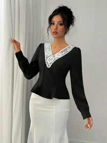 SHEIN Unity 女式拼色花卉蕾丝长袖优雅衬衫 - 黑與白 - 查看 5