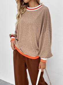 SHEIN LUNE 1 Áo nỉ dài tay hở vai phối gân tương phản dành cho nữ, phong cách thường ngày cho mùa thu - Màu Khaki - Xem 5