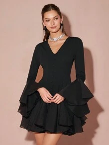 Enchnt 女士纯色 V 领修身优雅长袖连衣裙 - 黑色 - 查看 7