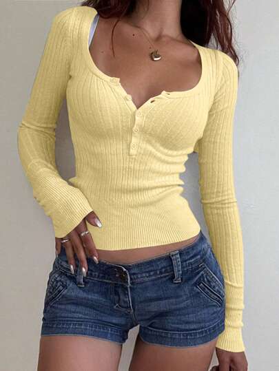 Mystra Women Casual Button Up Ribbed Slim Fit Long Sleeve Sweater , T-Shirt Suitable For Summer And Autumn/Winter Seasons