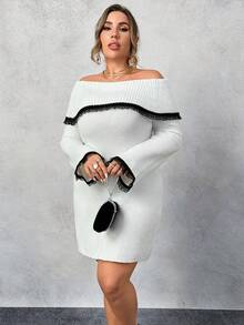 Flirla Vestido de Suéter Plus Size com Ombro à Mostra, Cor Sólida, Detalhe em Renda Contrastante para Mulheres