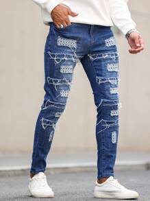Manfinity LEGND Jeans ajustados de mezclilla para hombre con bolsillo y rotos, vaqueros largos ajustados de color azul oscuro liso deshilachado, regalo para esposo o novio