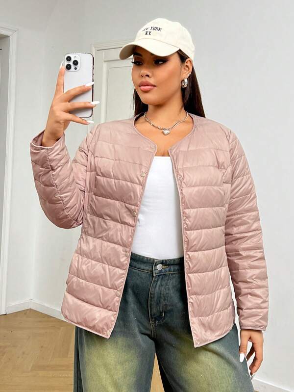 SHEIN EZwear Women Plus Size Casual Minimalist Single Breasted Down Jacket, Winter