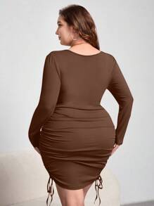 SHEIN Privé 大码纯色优雅褶皱长袖修身连衣裙，秋季休闲装