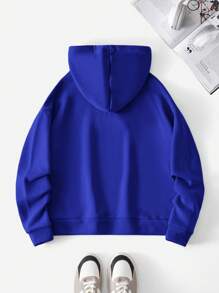 EURMUSE Cotton Kangaroo Pocket Drop Shoulder Drawstring Hoodie - Blue - View 2