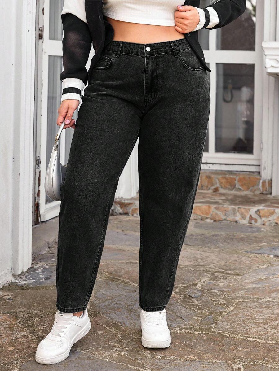 EURMUSE 100%Cotton Plus High Waist Mom Fit Jeans - Black - View 1
