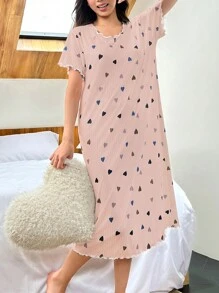 SHEIN Women Comfortable Lettuce Trim Colorful Heart Print Short Sleeve Nightgown, Summer  Cozy And Elegant Details - Pink - View 4