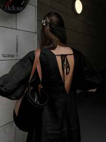 INAWLY 女士纯色 V 领前纽扣休闲长裙 - 黑色 - 查看 5