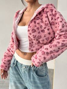 Muchica 1 Stück Damen Leoparden Muster Kapuzen Kurze Plüschjacke, Winter - Pink - Übersicht 5