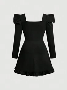 SHEIN MOD 大码喇叭袖红色蝴蝶结圣诞连衣裙 - 黑色 - 查看 2