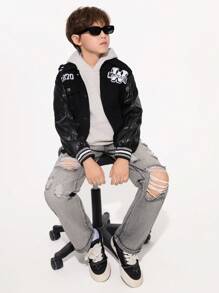 Lässige, vielseitige, minimalistische, zerrissene, lockere, gerade, graue, bequeme, verwaschene Jeans für Tween Jungen, geeignet für den Alltag - Hellgrau - Übersicht 4