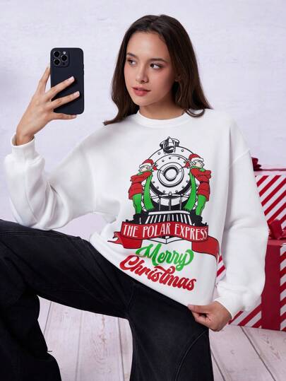 THE POLAR EXPRESS X SHEIN Kvinnor Drop Shoulder Oversized White Christmas Print Sweatshirt