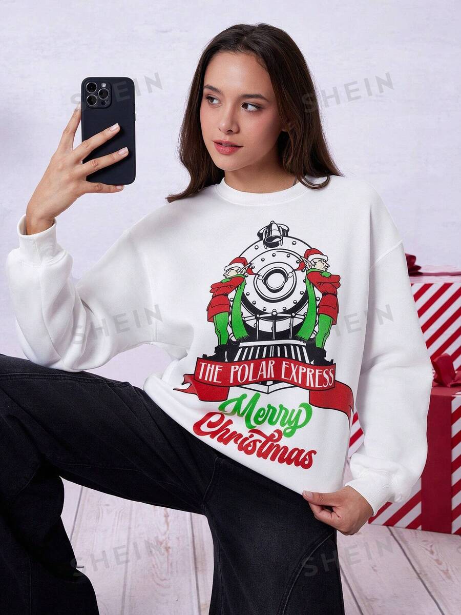 THE POLAR EXPRESS X SHEIN Sudadera ancha con estampado navideño blanco y hombros caídos para mujer - Blanco - Ver 1