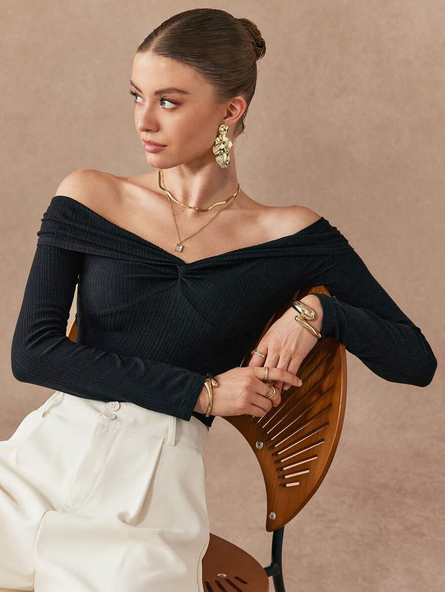 SHEIN Unity 修身长袖露肩上衣,日常休闲装 - 黑色 - 查看 1