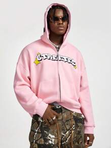 Manfinity VCAY Men's Loose Knitted Long Sleeve Hooded Sweatshirt, Going Out Fashion Graphic Full Zip Up Cotton Hoodie, For Friends, Husband, Boyfriend Gifts
