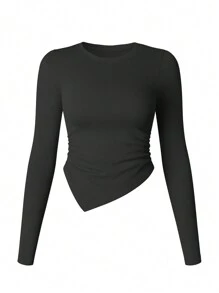 Eassivo Eassivo 无缝高弹力不对称下摆长袖运动上衣 - 黑色 - 查看 2