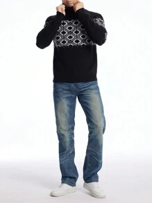 Manfinity Homme Men's Geometric Pattern Colorblock Turtleneck Sweater, Casual For Autumn/Winter - Multicolor - View 3