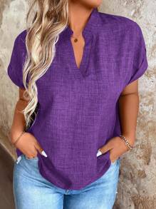 EMERY ROSE Blusa de manga corta murciélago de cuello en V de unicolor para mujer talla grande