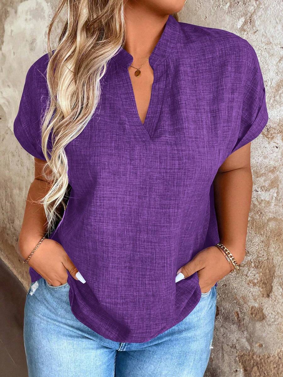 EMERY ROSE Blusa de manga corta murciélago de cuello en V de unicolor para mujer talla grande