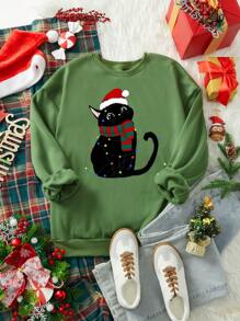 SHEIN LUNE Christmas Casual Minimalist Santa Hat, Colorful Lights & Black Cat Print Loose Fit Thick Crew Neck Long Sleeve Sweatshirt, Plus Size - Green - View 1