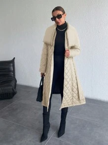 EURMUSE 法式披肩领带拉链 A 字形长款加厚冬季大衣 - 杏色 - 查看 7