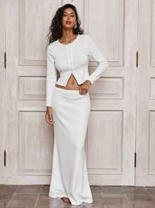 Opulessa 2pcs Solid Color Knitted Long Sleeve Top & Fish Tail Hem Skirt Set