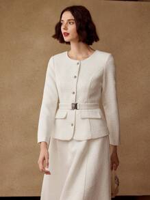 MOTF PREMIUM 粗花呢纯色系腰带喇叭下摆二合一中长连衣裙女装 - 杏色 - 查看 8