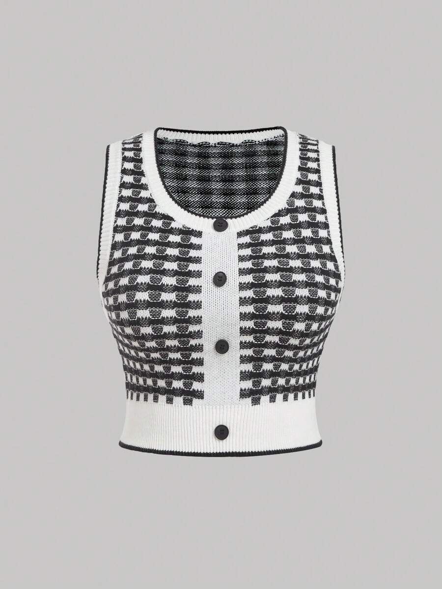 SHEIN MOD Áo len trang trí nút cổ điển cỡ lớn cho nữ, mùa thu/đông - Đen và trắng - Xem 1