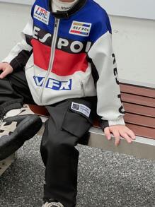 SHEIN Set de 2 piezas Chaqueta de motocicleta de color contrastante y pantalones deportivos casuales cómodos para niños, estilo fresco y elegante, corte holgado, tacto suave, apropiado para la escuela, salidas en primavera y otoño