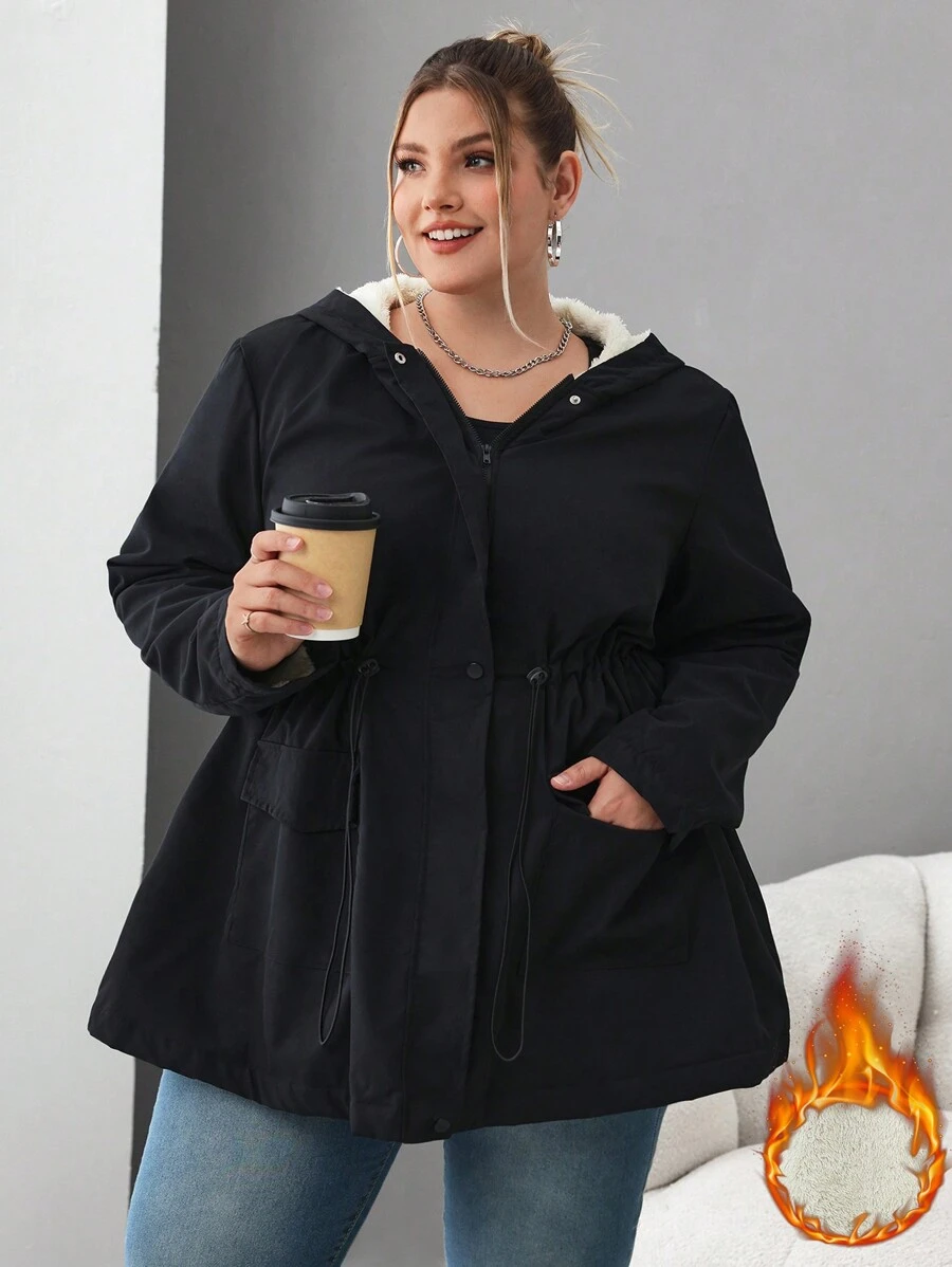 SHEIN CURVE+ Plus Drawstring Waist Dual Pocket Teddy Lined Hooded Coat, For Winter Fall Autumn