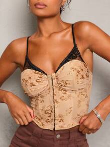 Glamine Sexy Lace & Floral Print Mesh Scrunch Racerback Tank Top Cami For Women - Multicolor - View 1