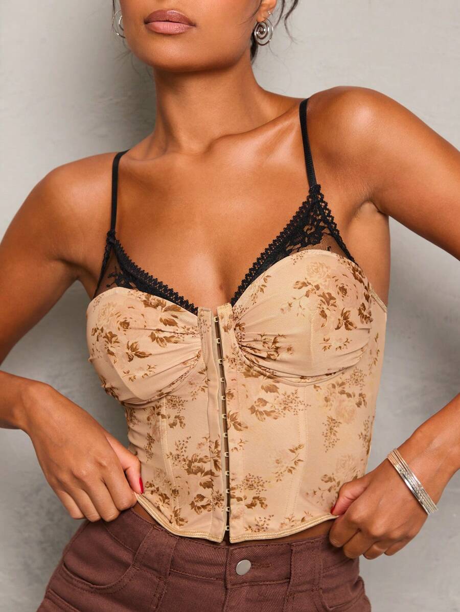 Glamine Sexy Lace & Floral Print Mesh Scrunch Racerback Tank Top Cami For Women - Multicolor - View 1