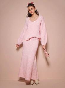 Enchnt Suéter casual de mujer con cuello en V de manga larga, color rosa