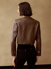 MOTF PREMIUM SOLID FLAP DETAIL CROP JACKET - Coffee Brown - View 4