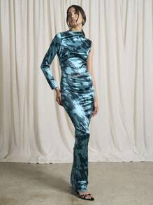 AiiRZ Elegant Asymmetric Cut-Out Waist Maxi Dress St Patricks Day Party Evening Gown Metallic Teal Abstract Print Lucky Charm Formal Dress Irish-Themed Celebration - Green - View 5