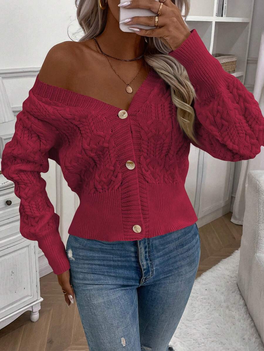 SHEIN LUNE Casual Daily Herringbone Knit Button Front Cardigan, Autumn/Winter - Burgundy - View 1