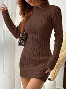 SHEIN EZwear Women's Solid Color Long Sleeve Backless Fitted Sweater Dress, Autumn/Winter - Brown - View 5