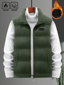 Manfinity Homme Loose Fit Men's Letter Patched Thick Padded  Vest Jacket - Army Green - View 5